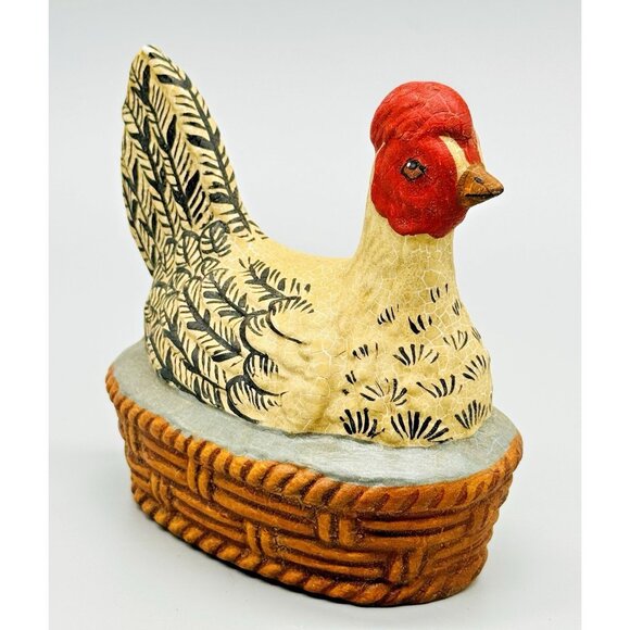 Vaillancourt Hen on Nest Basket Folk Art 1998 #39 5 inch Chicken RARE